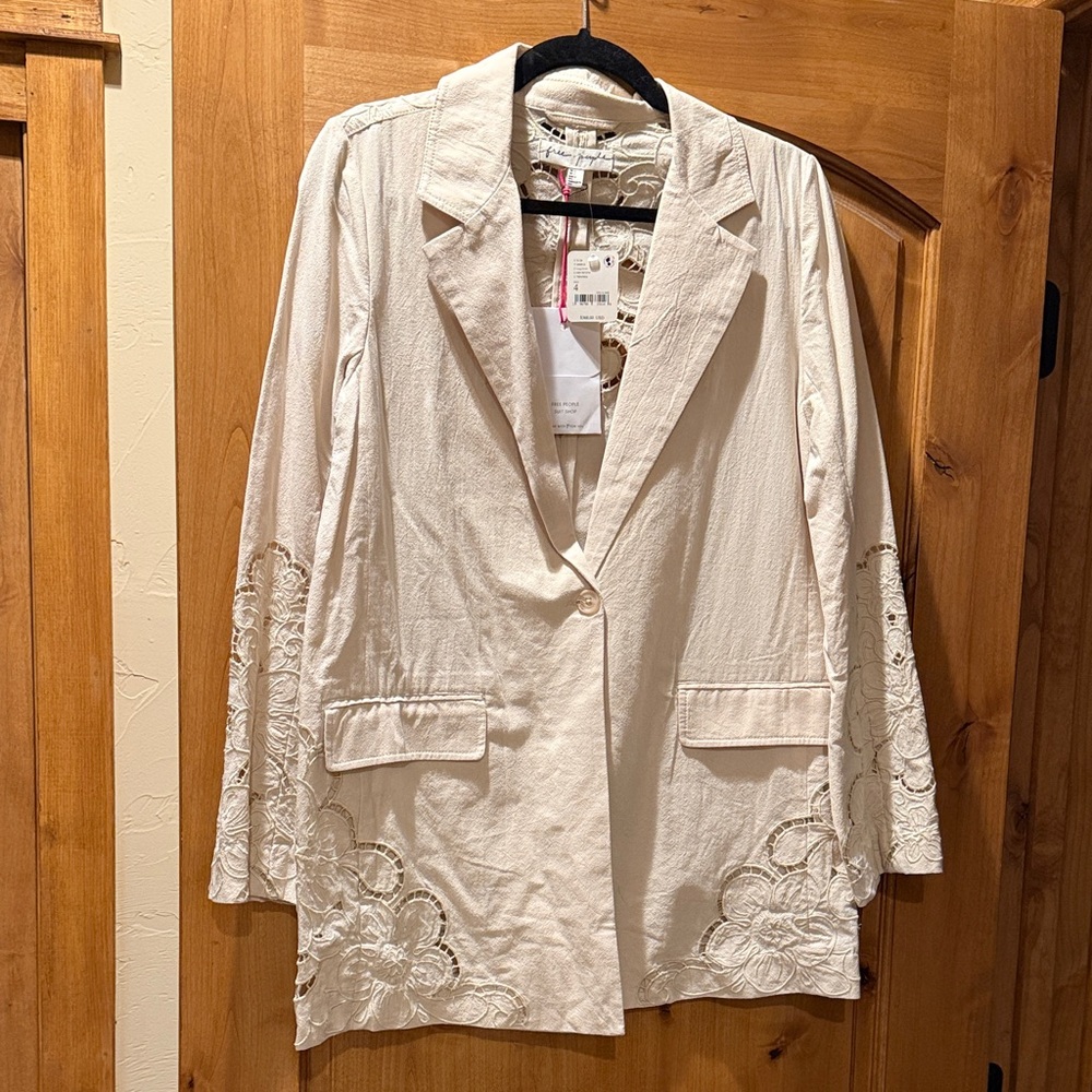 Free People Cream Blazer with Floral Embroidery